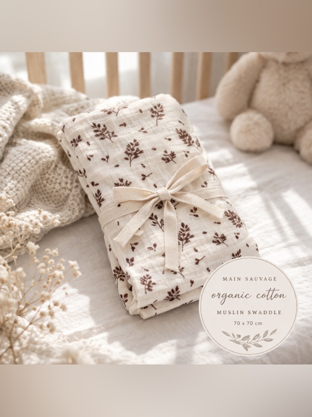 Organic Cotton Muslin Baby Swaddle Blanket 70x70 Leaf Print BNWT Main Sauvage